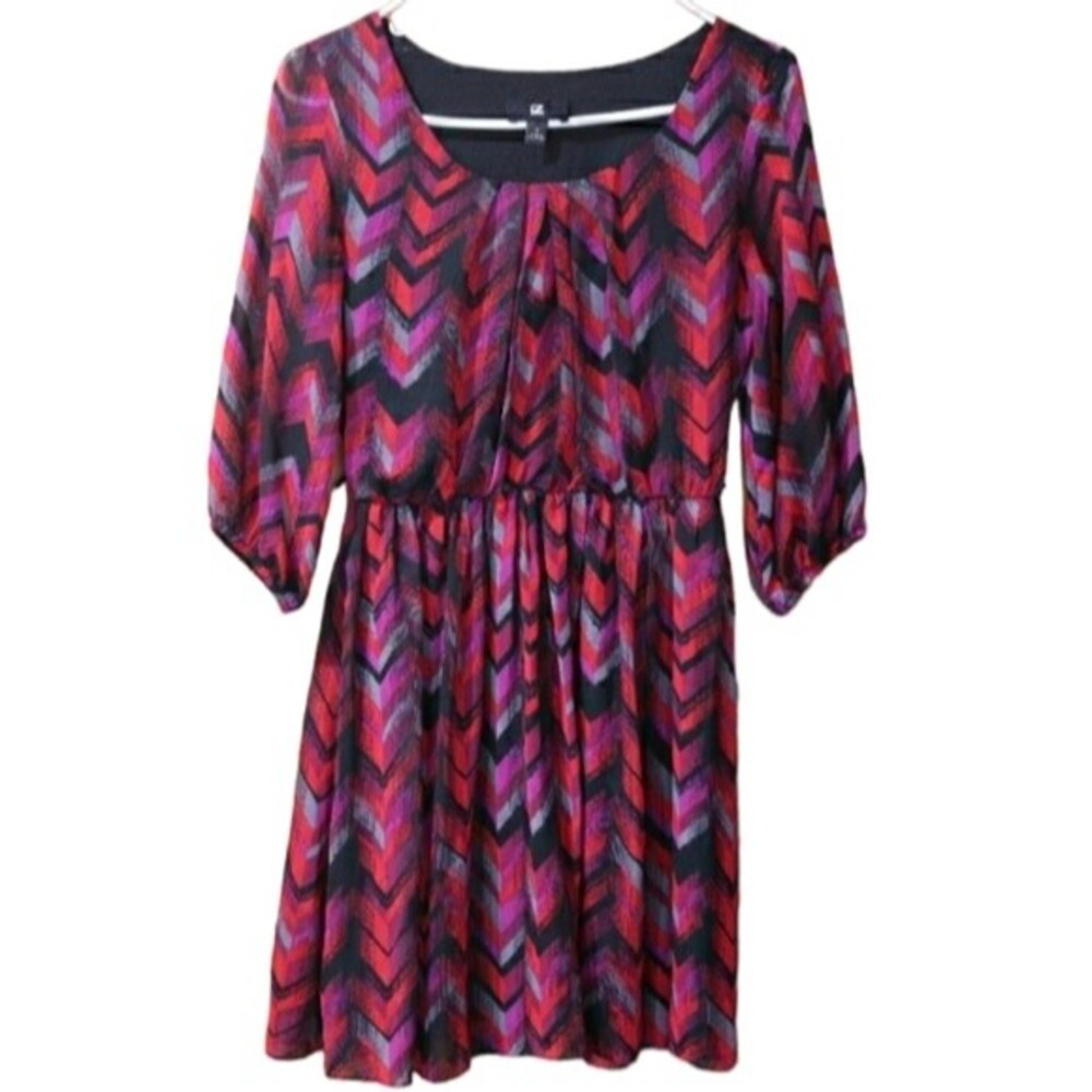 IZ Byer Chevron Print Pink Print Sheer Sleeve Mini Dress Small